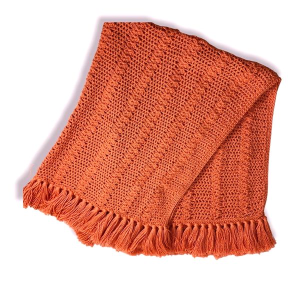 Crochet Afghan Blanket Throw Hand Crafted Salmon Pink Orange Fringe 45 x 39 - Picture 11 of 11